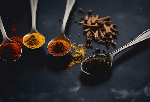 Three spoons with different spices on a dark surface surrounded by scattered whole spices on a rust