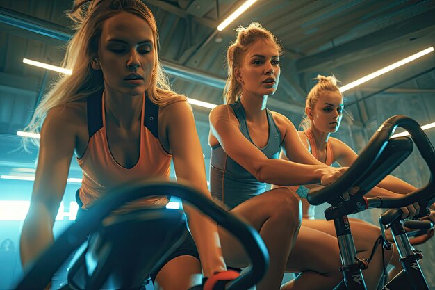 Three Sporty Women Riding Stationary Bikes in a Gym Class