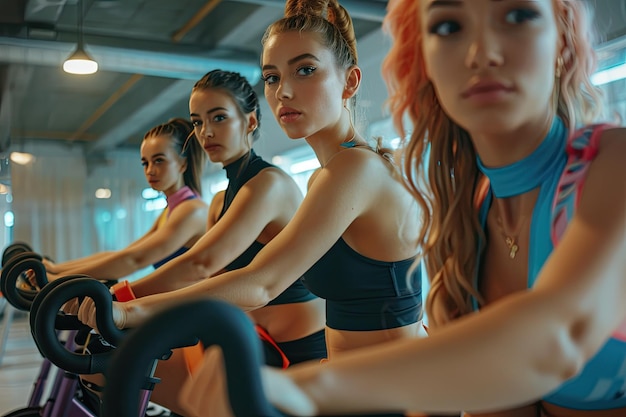 Three Sporty Women Riding Stationary Bikes in a Gym Class