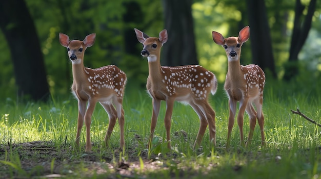 Three spotted fawns in sunlit woodland clearing