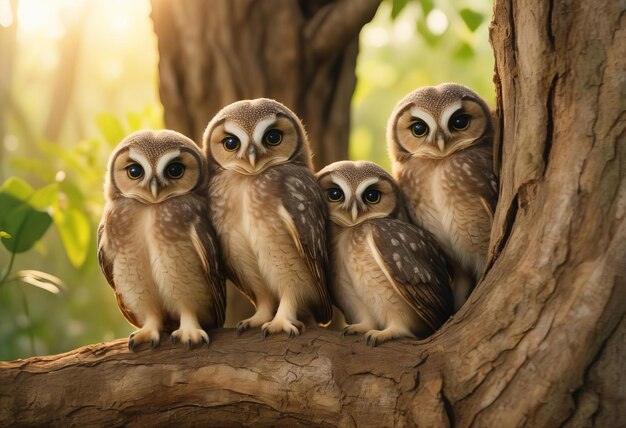 Photo three spotted owlets athene brama nestled