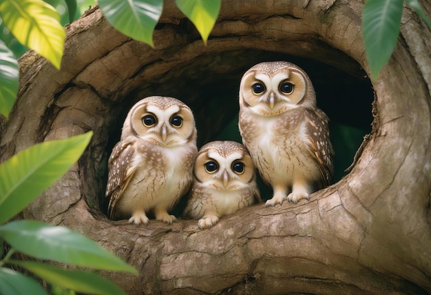 Photo three spotted owlets athene brama nestled