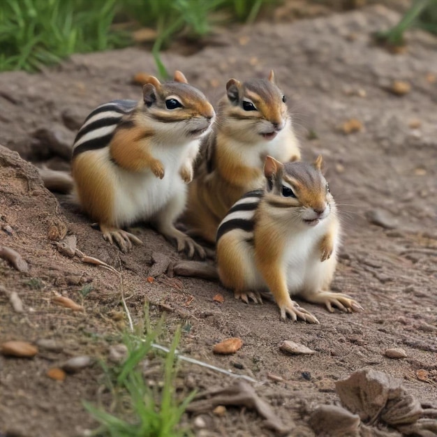 Photo three squirrels are sitting on the ground and one is eating the other