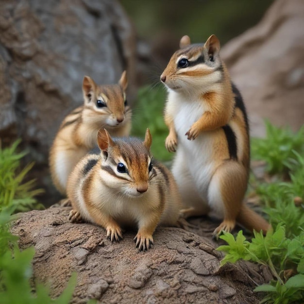 three squirrels are sitting on a log and one is eating a chipmunk