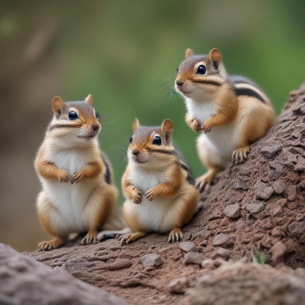 Photo three squirrels are sitting on a tree and one has a paw on the paw