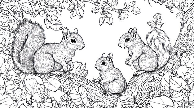 Three Squirrels Sitting on a Branch in a Tree with Leaves