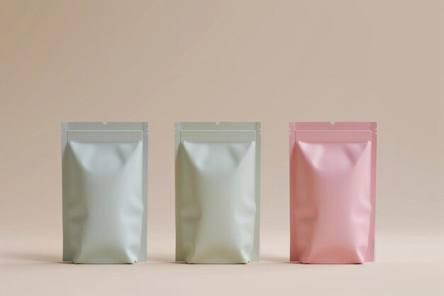 Three standing blank pouch packaging with pastel tones for brand design