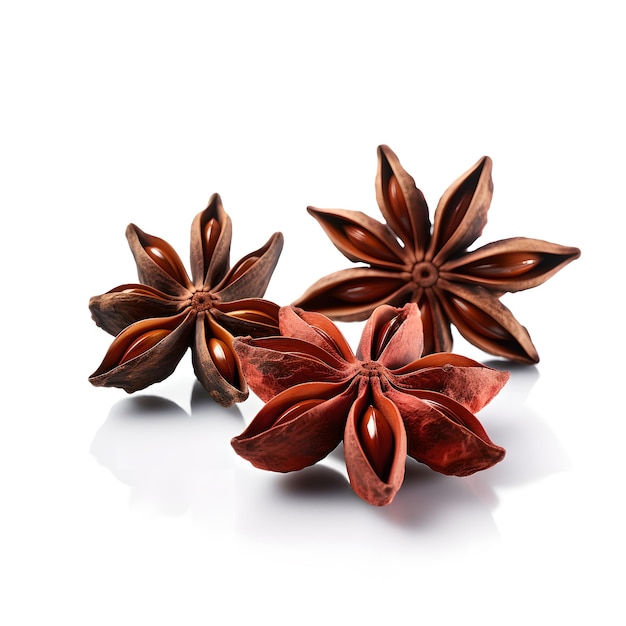 Three star anise seeds are on a white background