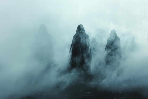 Photo three statues in the fog one of which is called the three sisters