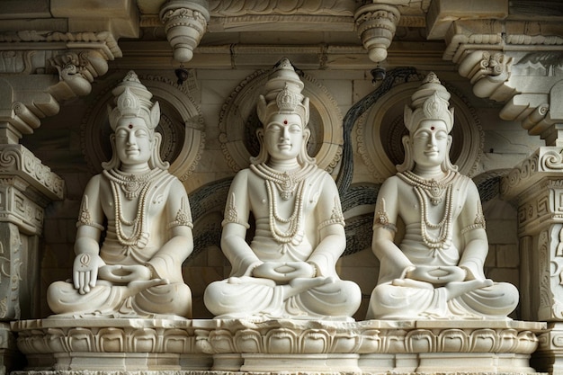 Photo three statues of three men sit in front of a building with one saying  god  on the bottom