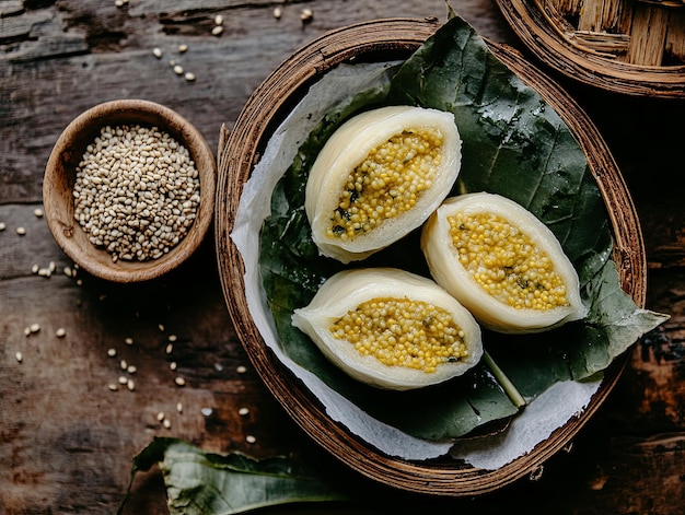 Three steamed dumplings filled with a yellow filling on a green leaf on a wooden background