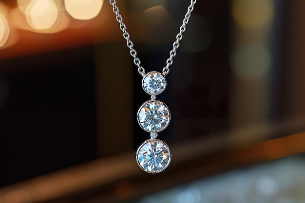 Three Stone Diamond Necklace in jewelry store closeup