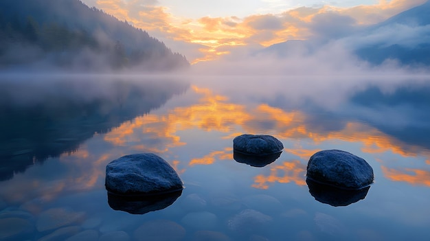 Photo three stones submerged in a misty lake at sunset