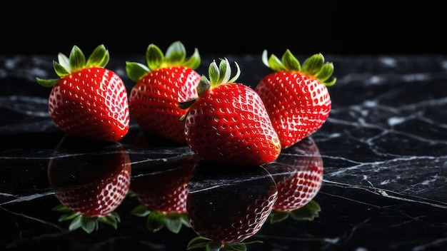 Three Strawberries in Monochrome Reflection on Black Marble Surface