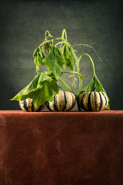 Three striped decorative pumpkins on a brown table