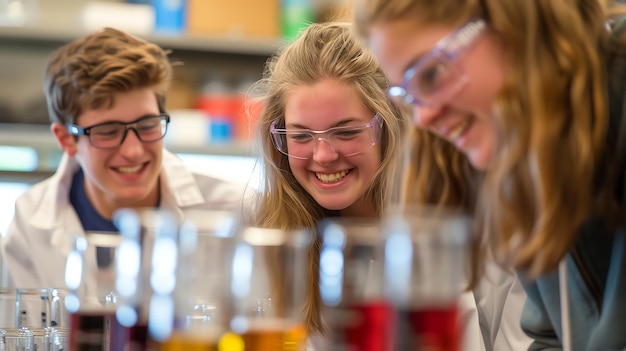 Photo three students wearing lab coats and goggles laugh while working on a science experiment