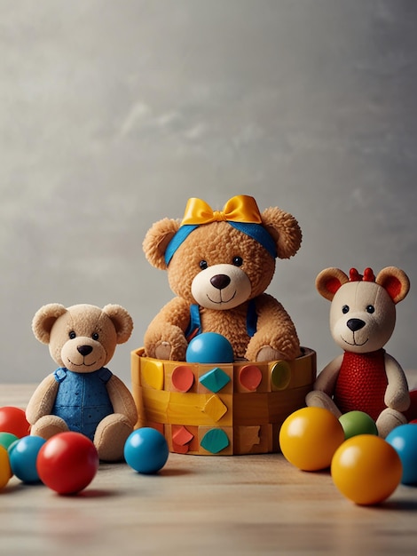 three stuffed bears are sitting on a table with a basket of balls and a toy bears