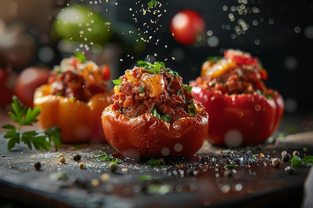 Three stuffed bell peppers with meat filling sprinkled with spices