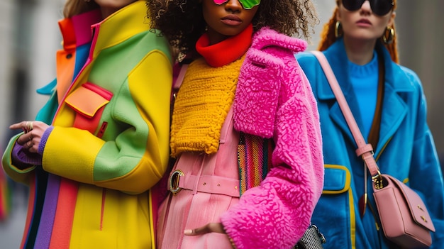 Three stylish diverse women wearing colorful clothes pose together on a city street