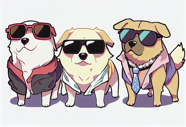 Three stylish dogs in clothes and sunglasses pose on stage painted picture with paints AI Generated