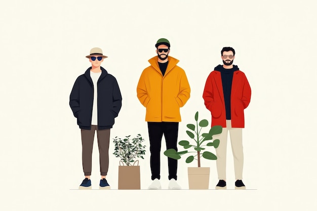 Three Stylish Friends Showcasing Unique Fashion and Greenery in a Vibrant Illustrative Setting