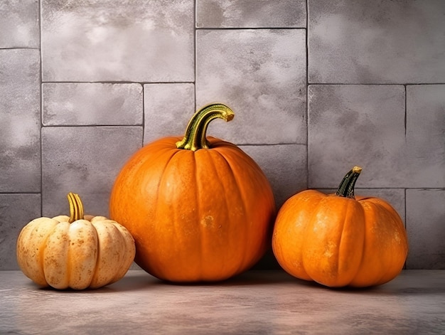 Three stylish pumpkins on a concrete grey background Yellow and orange pumpkin on stone table Autumn background Holiday concept Halloween or Thanksgiving day space for text Generative AI