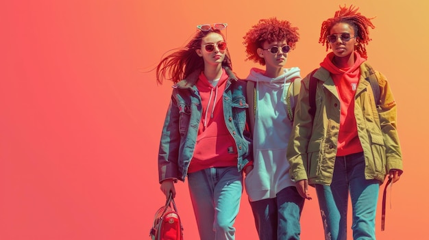 Photo three stylish teenagers from generation z walk together on a bright background population