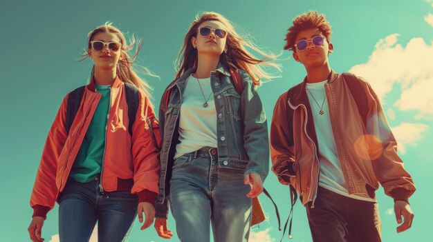 Photo three stylish teenagers from generation z walk together on a bright background population