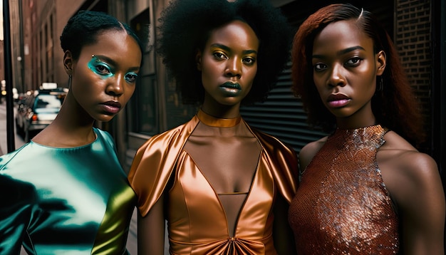 Three stylish young black women in the city Afro hairstyles Generative AI