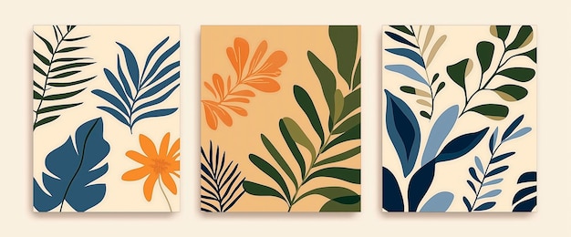 Photo three stylized botanical illustrations with leaves on a soft background