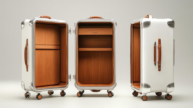 Photo three suitcases are lined up with one that has a brown color