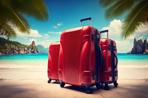 Three suitcases laid out on the sandy shore of a stunning tropical beach with palm trees