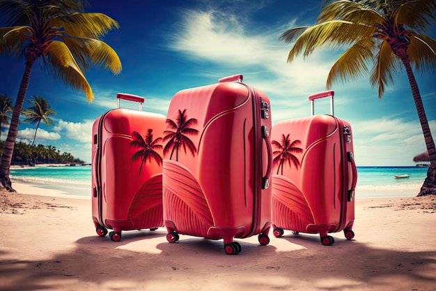 Three suitcases stand out on the sun drenched sand of a picturesque tropical paradise