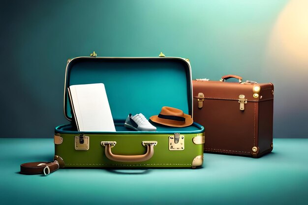 Photo three suitcases with a green and blue background with a picture of a hat and a picture of a hat.