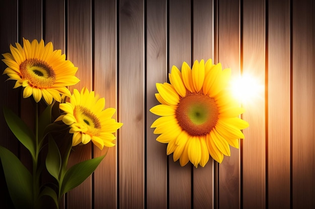 Three sunflowers are on a wooden background with a lightbulb in the middle