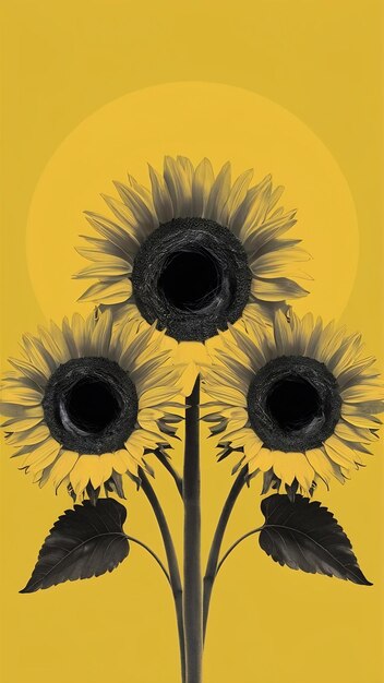 Three sunflowers head on blank yellow background