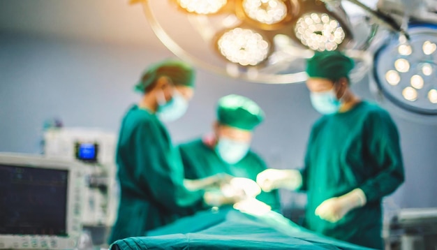 three surgeons in green uniforms are in a hospital