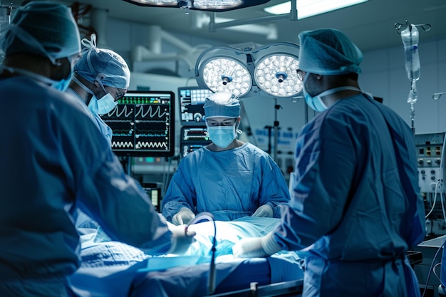 Photo three surgeons in a operating room with a monitor behind them