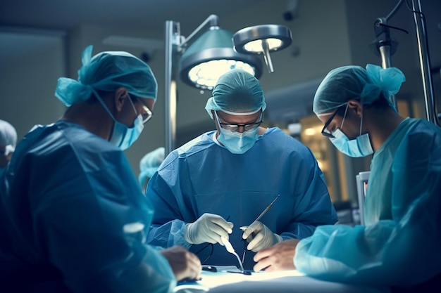 Three surgical operators working in a bright hospital operating room with Generative AI