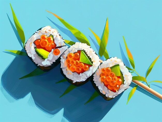 Photo three sushi rolls with orange slices on them and one has a green leaf on the other