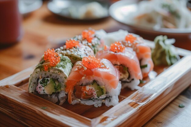 Three Sushi Rolls Wooden Serving