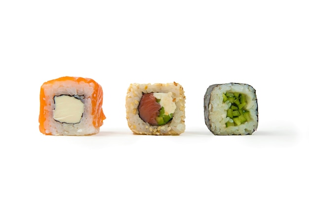 Three sushi on a white background isolated close-up