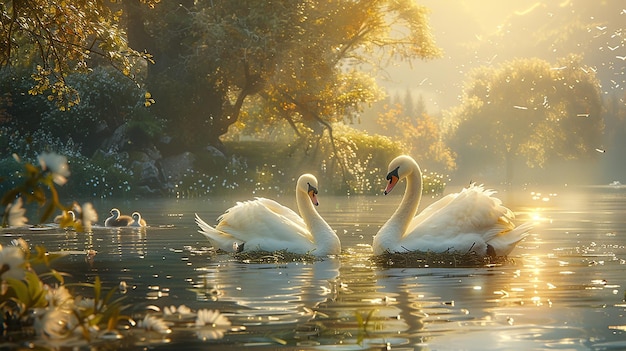 three swans in a pond with the sun shining through the trees