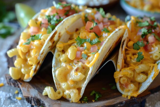 Photo three tacos are filled with creamy macaroni and cheese creating a fusion of comfort food goodness each taco is garnished with cilantro for a burst of freshness