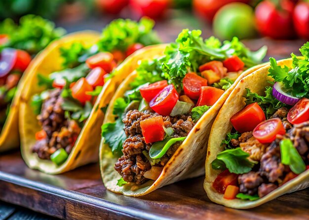 three tacos are on a table one of which has tomatoes and lettuce