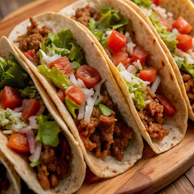 Photo three tacos are on a wooden tray one of which has lettuce tomato and lettuce