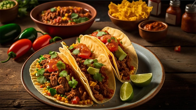 Three tacos on a plate with a bowl of beans and a bowl of salsa in the background.