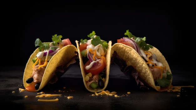 Three tacos on a table with one being pulled up and the other being pulled up.