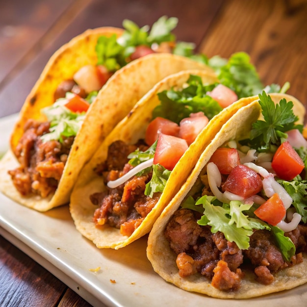 Photo three tacos on a table with a variety of tacos