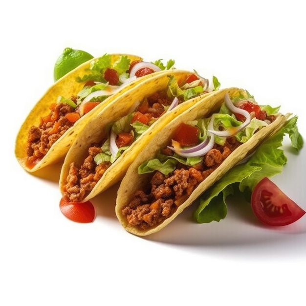 Three tacos on a white background one of which has beef and lettuce on it